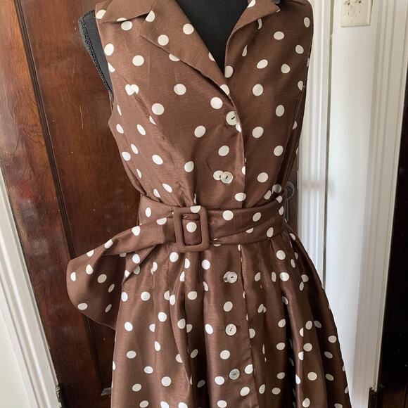 90s Jessica Howard Pretty Woman Brown Polka Dot Shirt Dress SZ 10 - Picture 4 of 15